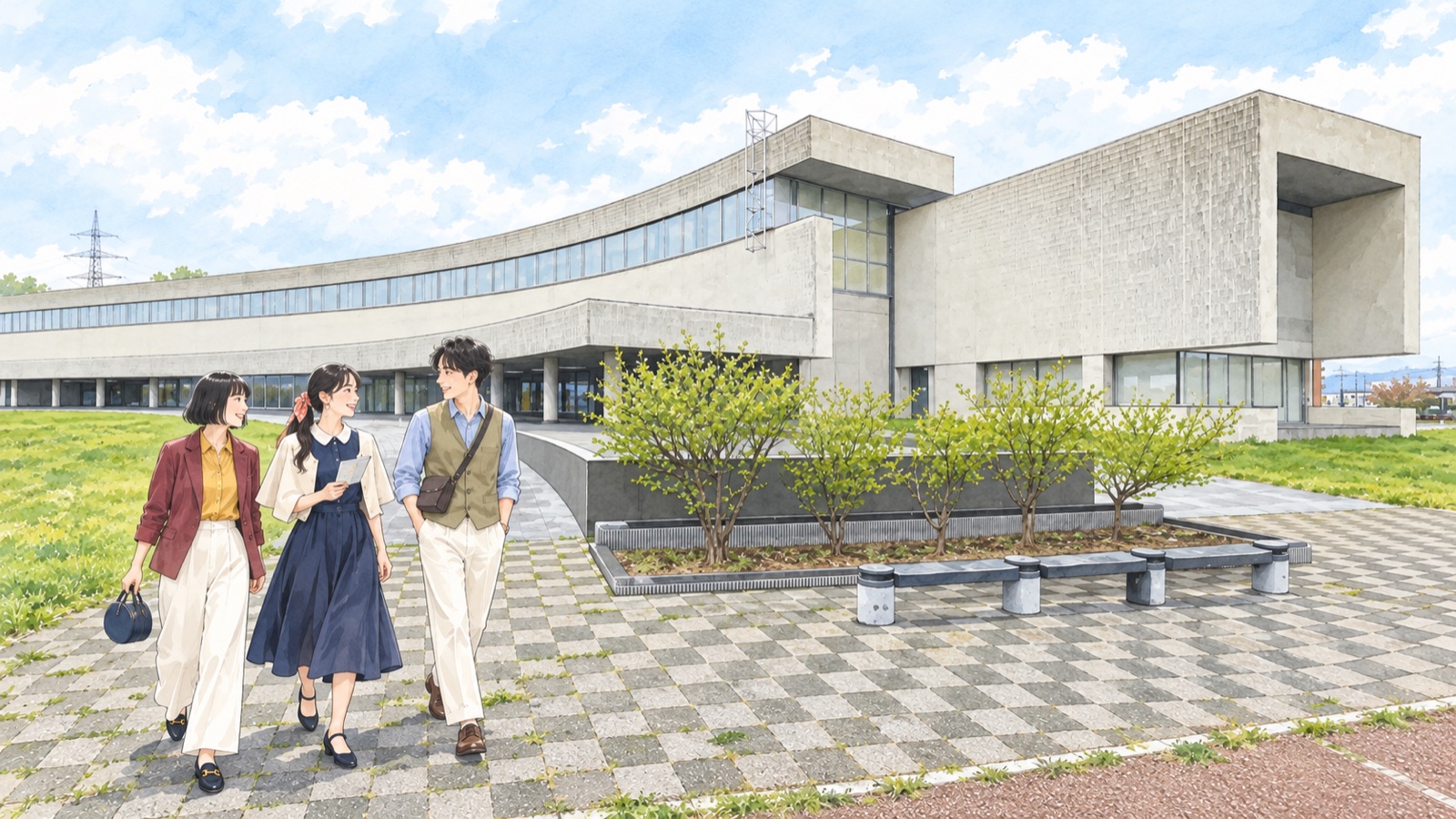 岩手県立美術館の外観を訪ねる三人の男女のイラスト