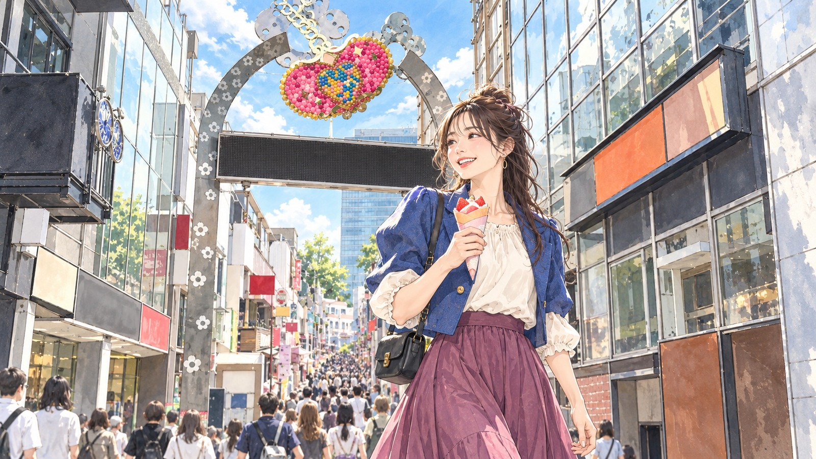 竹下通りの入口でクレープを手にする女性のイラスト