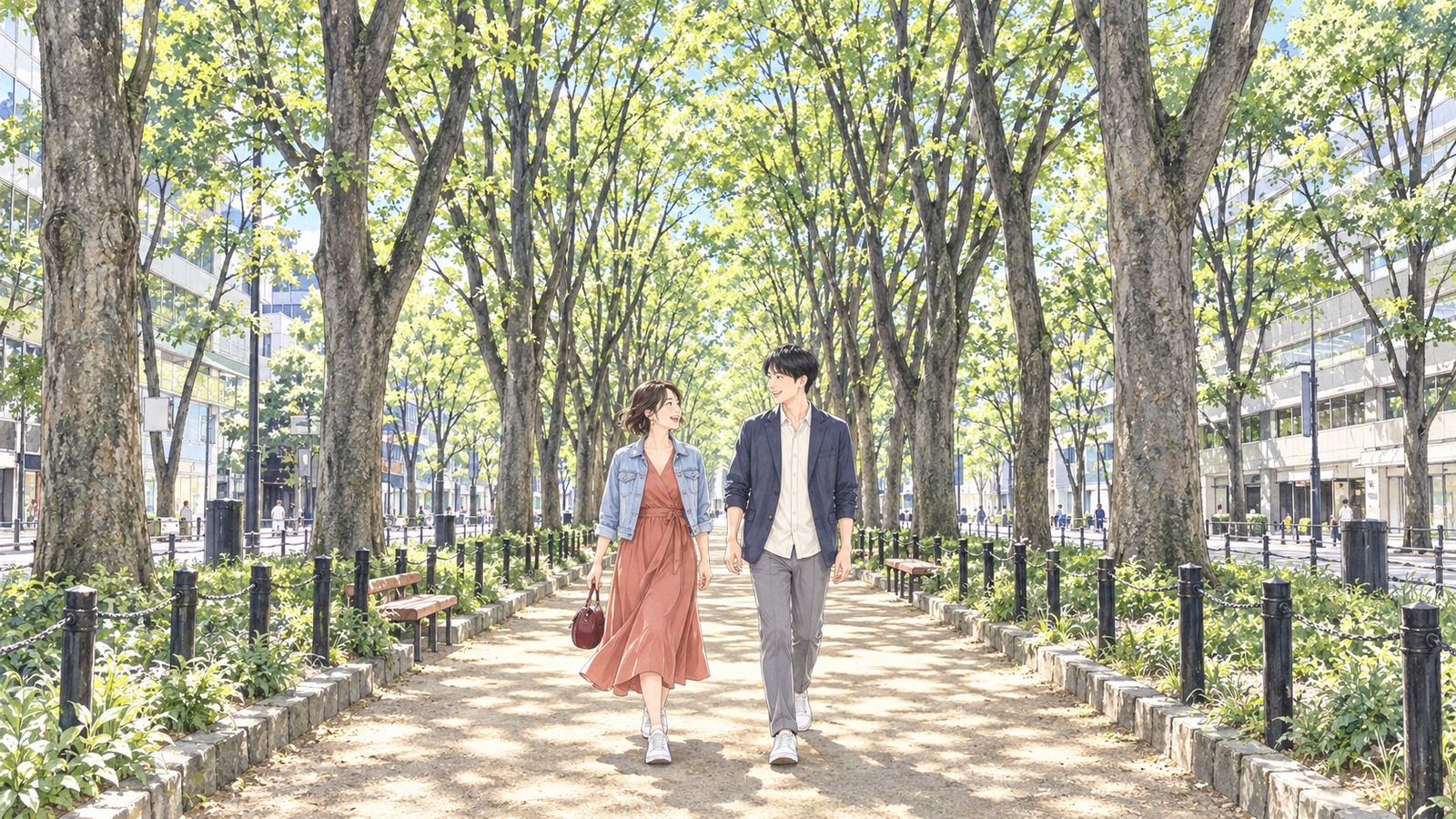 仙台の定禅寺通りのケヤキ並木を歩く二人の男女のイラスト
