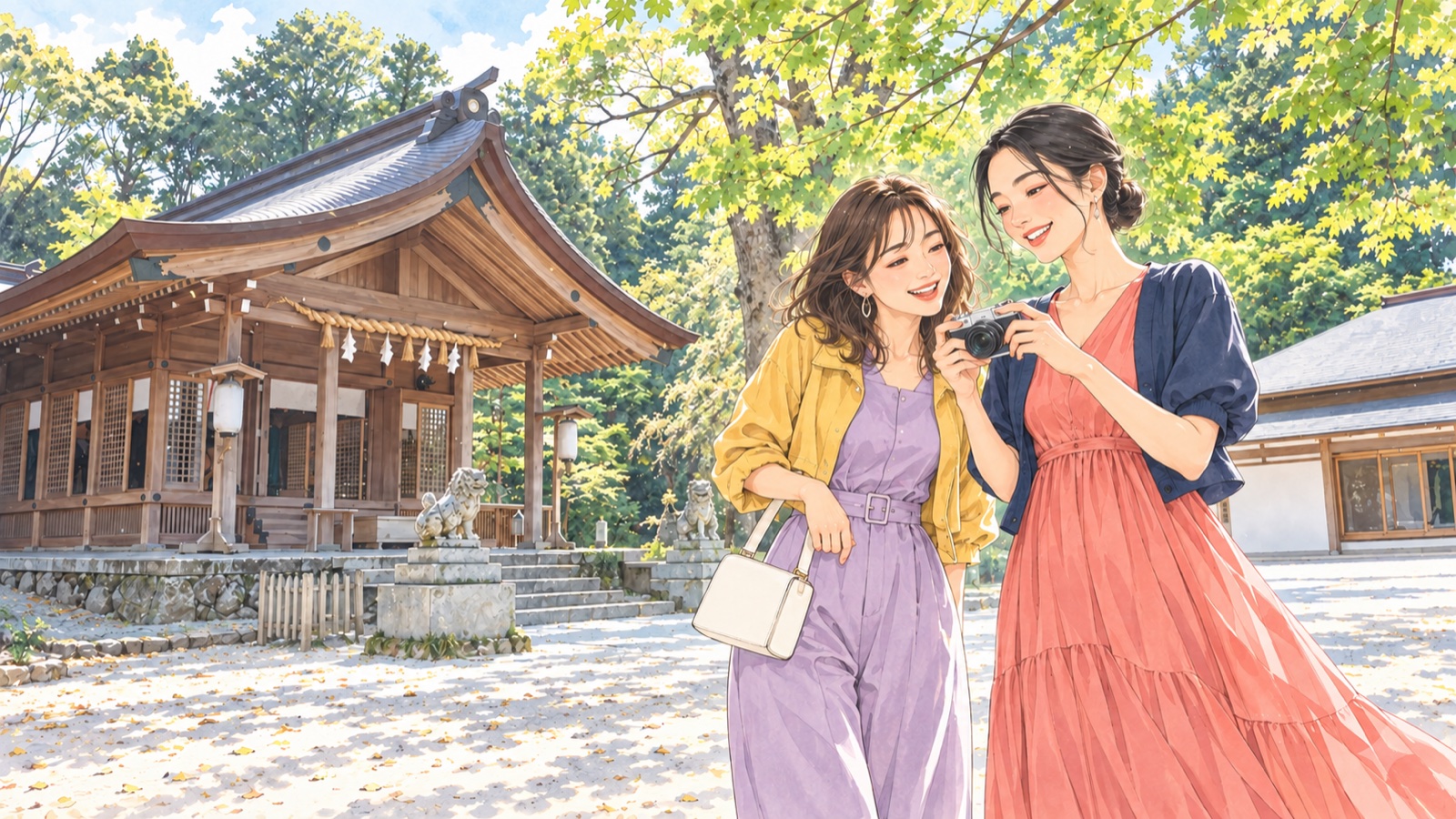 竈門神社の拝殿前で写真を見返す二人の女性のイラスト