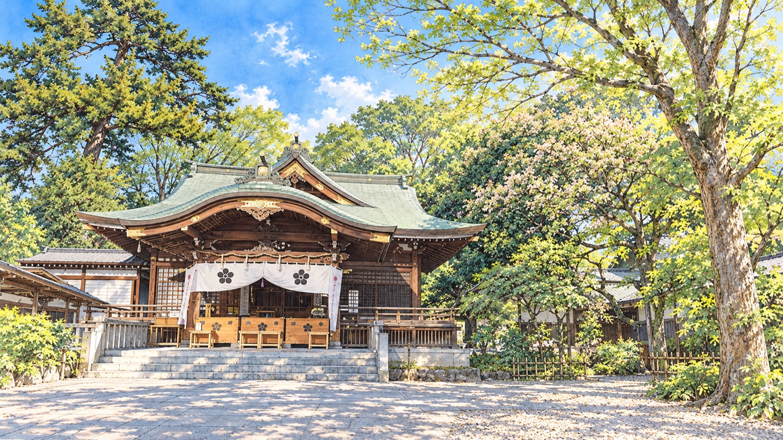 布多天神社の拝殿と境内のイラスト